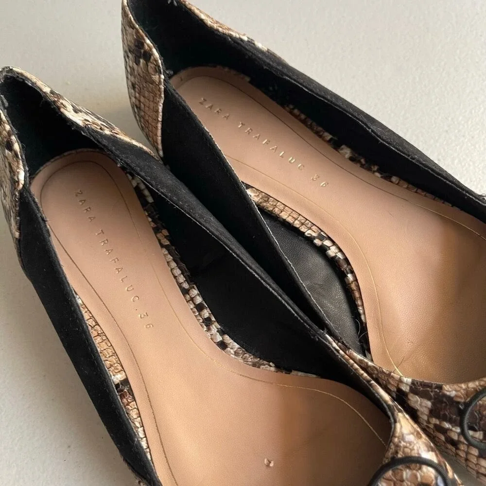 Zara Trafaluc Flats Womens 36 Snake Python Print Black‎ Suede Leather Trim Bow
